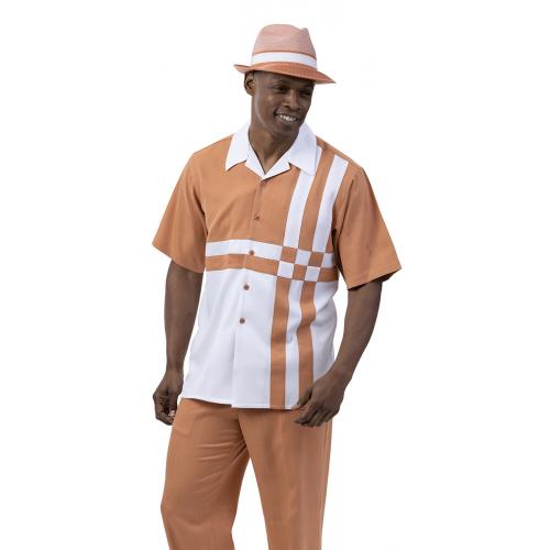 Montique Apricot / White Sectional Design Short Sleeve Two Piece Walking Suit 2078